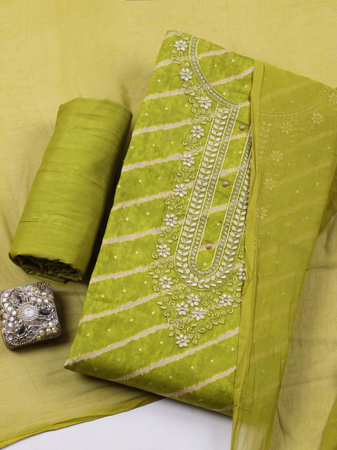 Meena Bazaar Printed Cotton Unstitched Kurta with Bottom & Dupatta