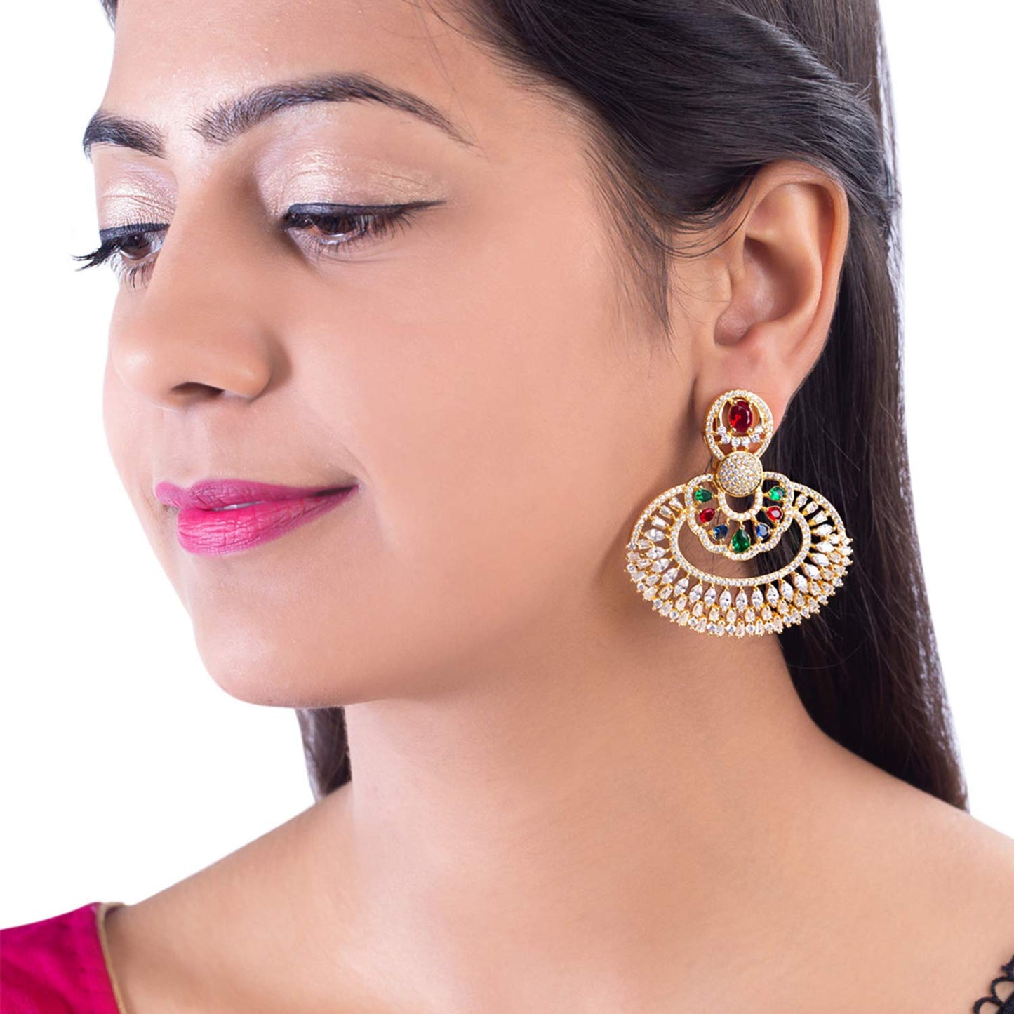 Voylla Coloured American Diamond CZ Gems Embellished Earrings