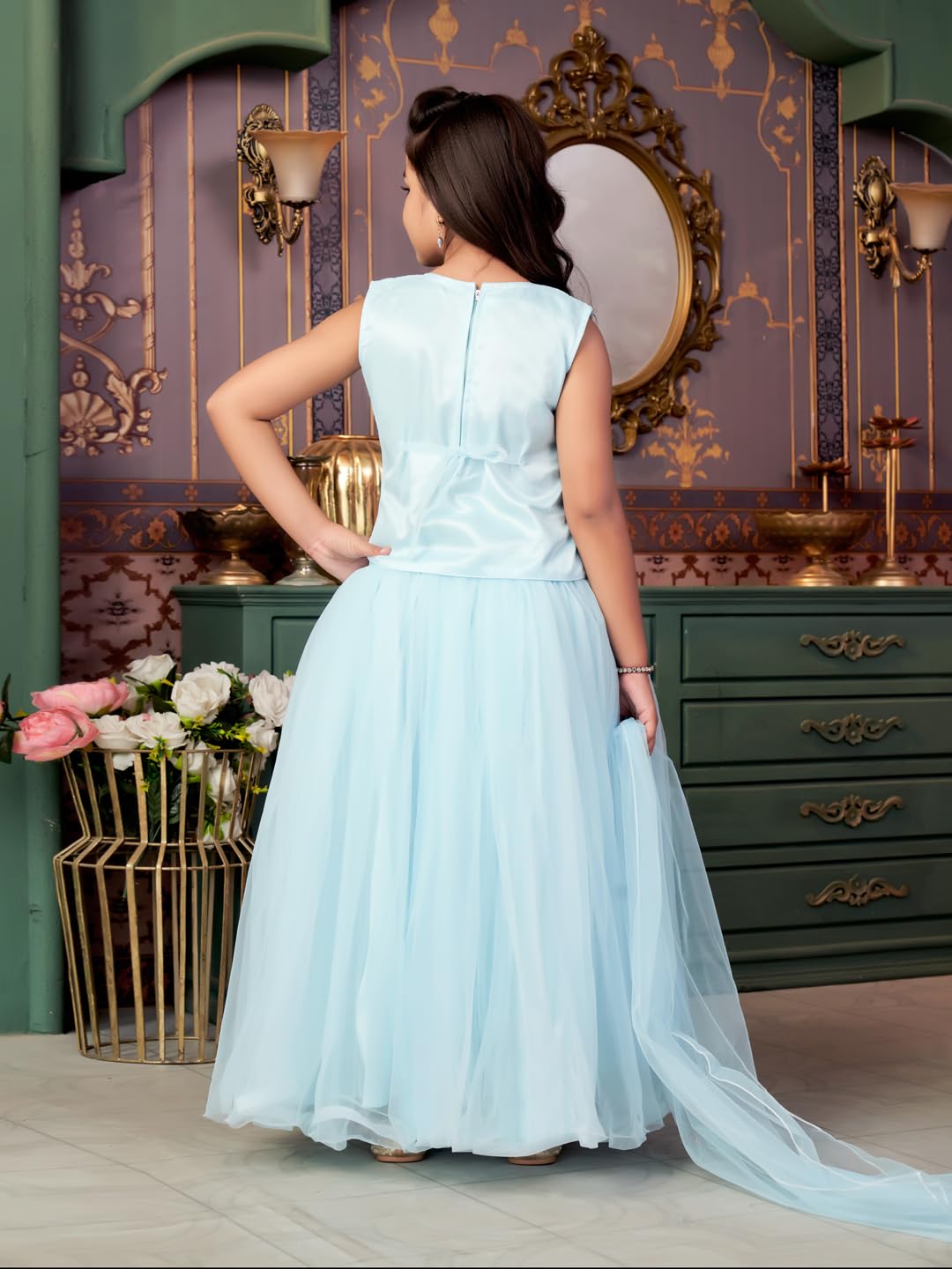 Aarika Girls Ethnic Wear Turquoise Colour Mirror Embroidery Net Lehenga Choli Set With Dupatta-3-13 Years (LCH-18273)