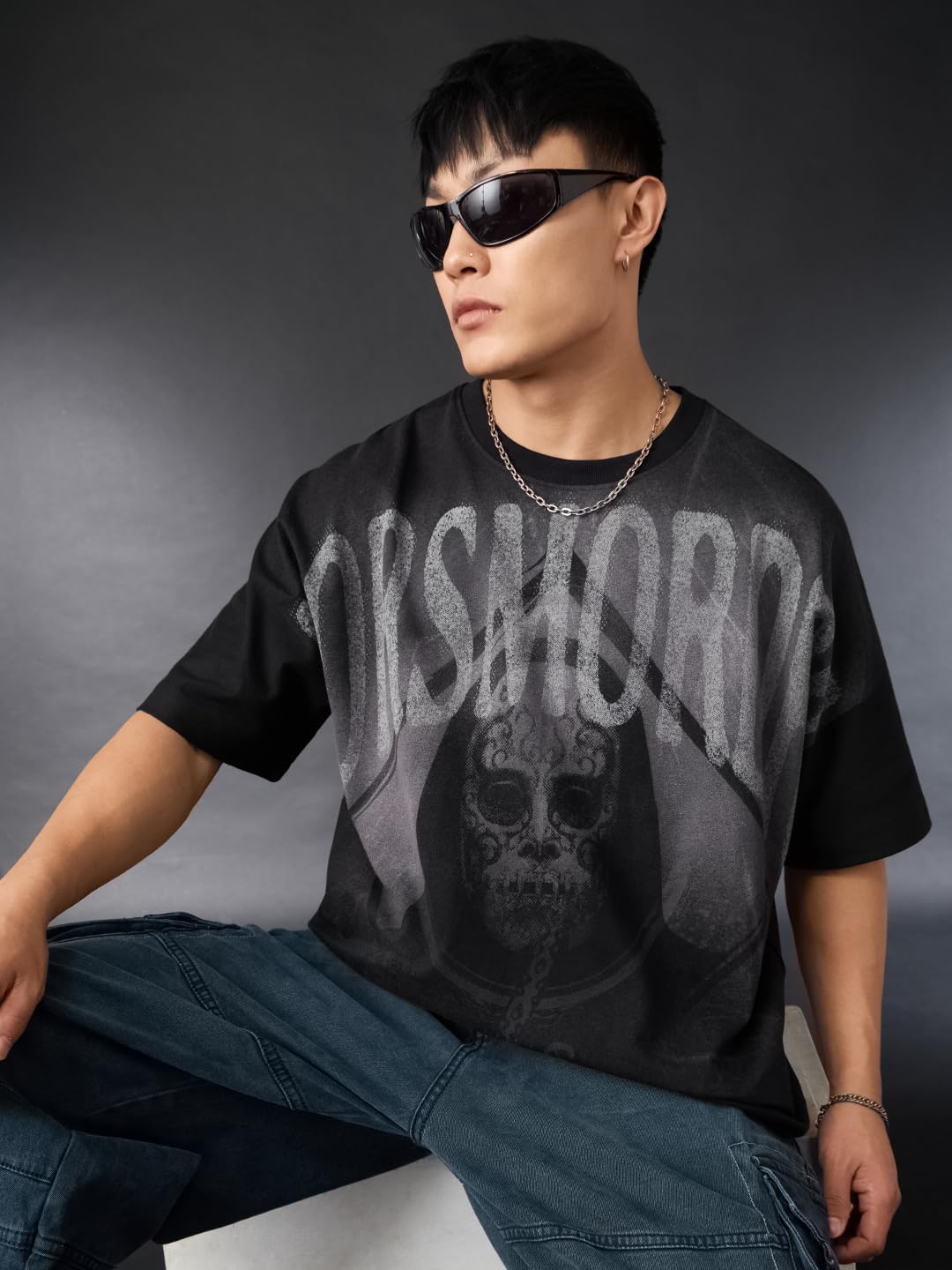 The Souled Store Harry Potter: Dark Arts Men and Boys Short Sleeves Round Neck Black Graphic Printed Cotton Lightweight All-Season Oversized T-Shirt