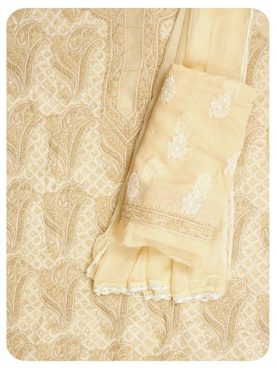 Ada Hand Embroidered Lucknowi Chikankari Unstitched Cotton Dress Material Suit Piece with Dupatta for Women 01A984806 Fawn
