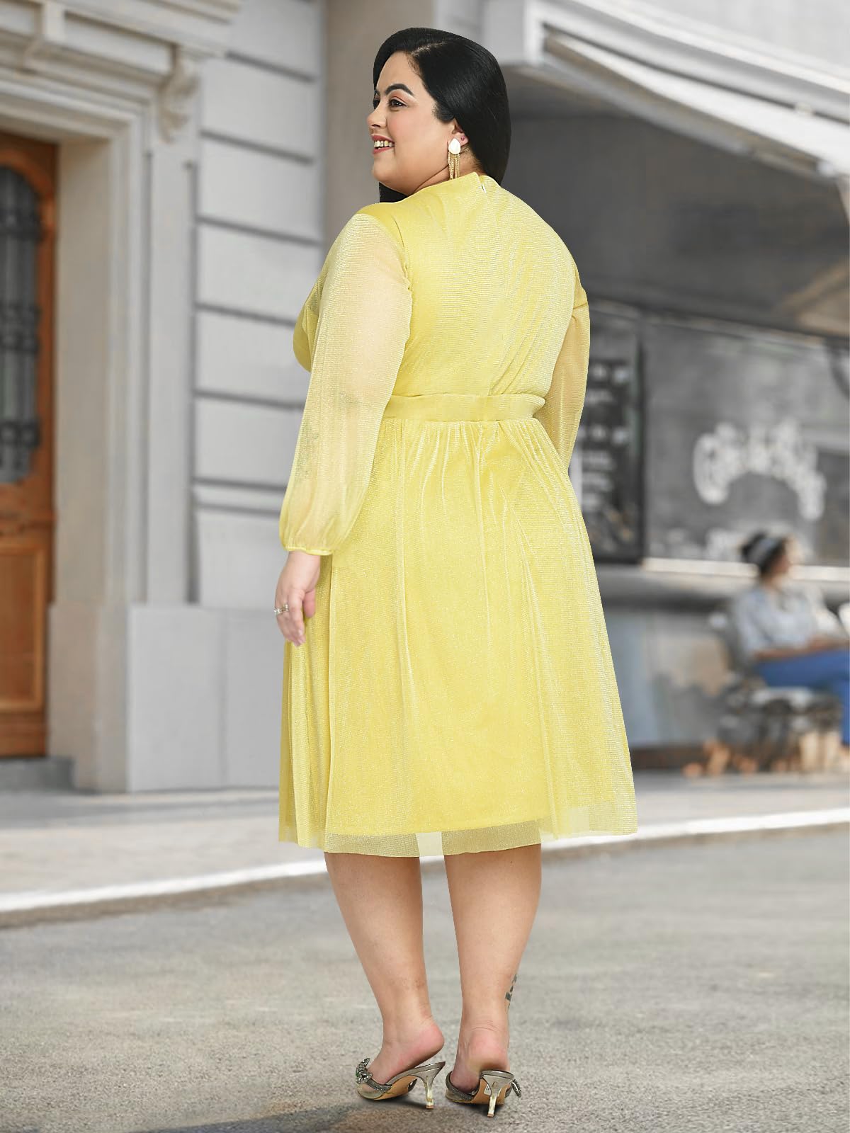 wild U Women Plus Size | Net | Stretchable | Knee Length | Shimmery | Western Stylish Dress (Yellow - 3XL)