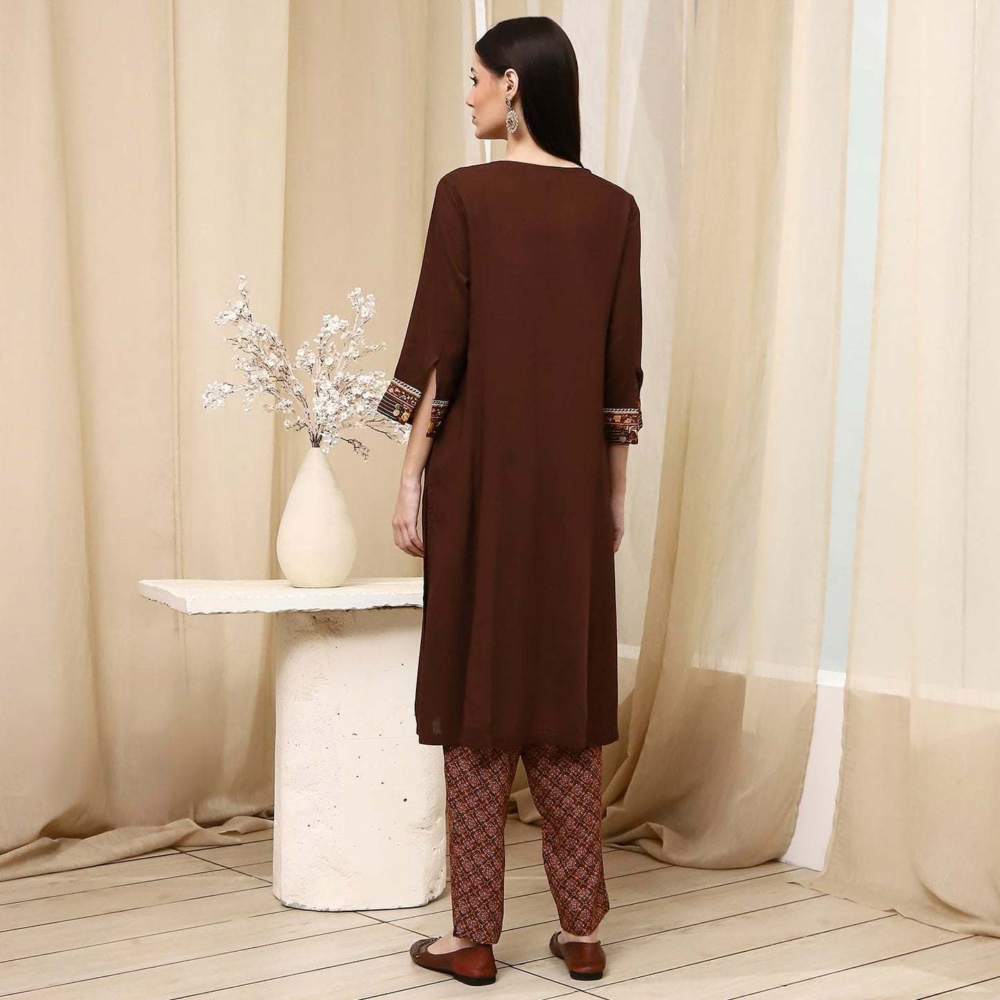 Biba Women Brown Rayon Viscose Narrow Kurta Set_46