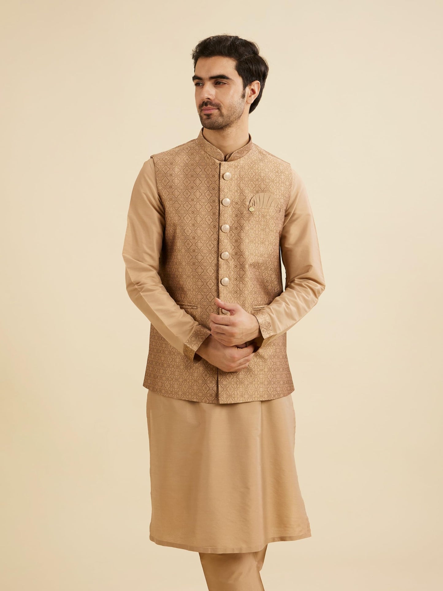 Manyavar Men's Brocade Regal Embroidered Kurta Jacket Set (Fawn,M)