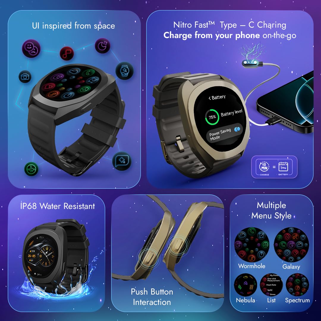 Fastrack Cosmix 1.32" AMOLED Display Metal Case Smart Watch with Heart Rate Monitor,AI Watchface & Chat,Push Button Interactions,BT Calling,IP68 Water Resistant Upto 5 Days Battery Life -Granite Grey