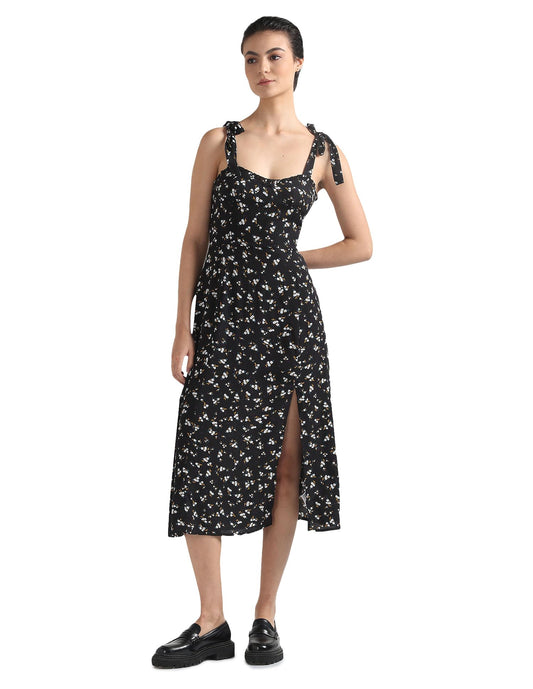 Tommy Hilfiger Black Viscose Women's Shoulder Straps Floral Shoulder Straps Midi Dress (M)