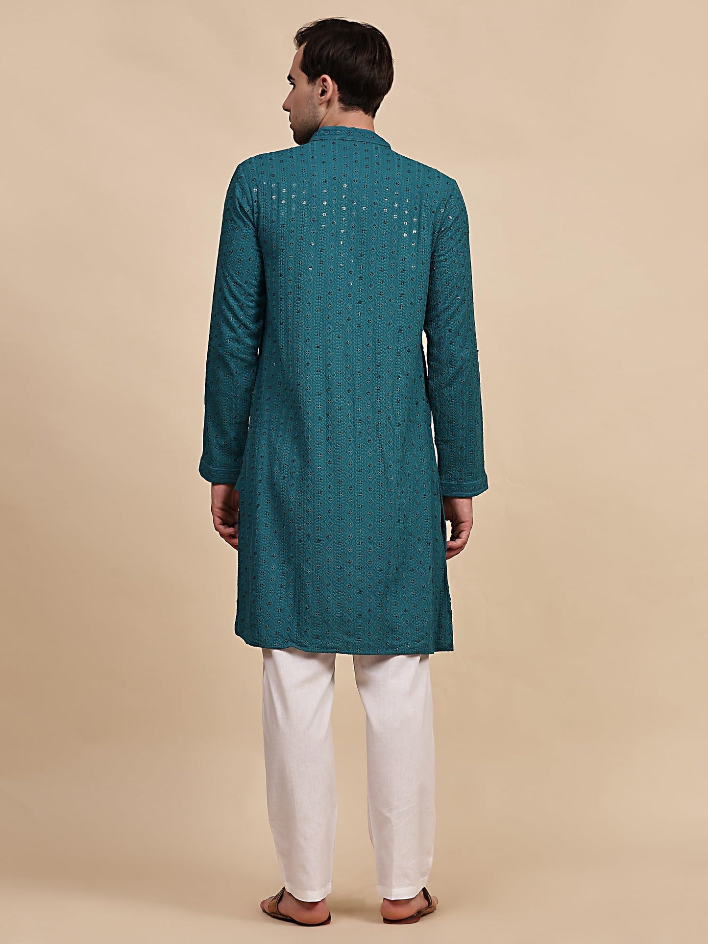 SKAVIJ Men’s Traditional Sequined Kurta Pajama Set Embroidered Party Dress Green_M