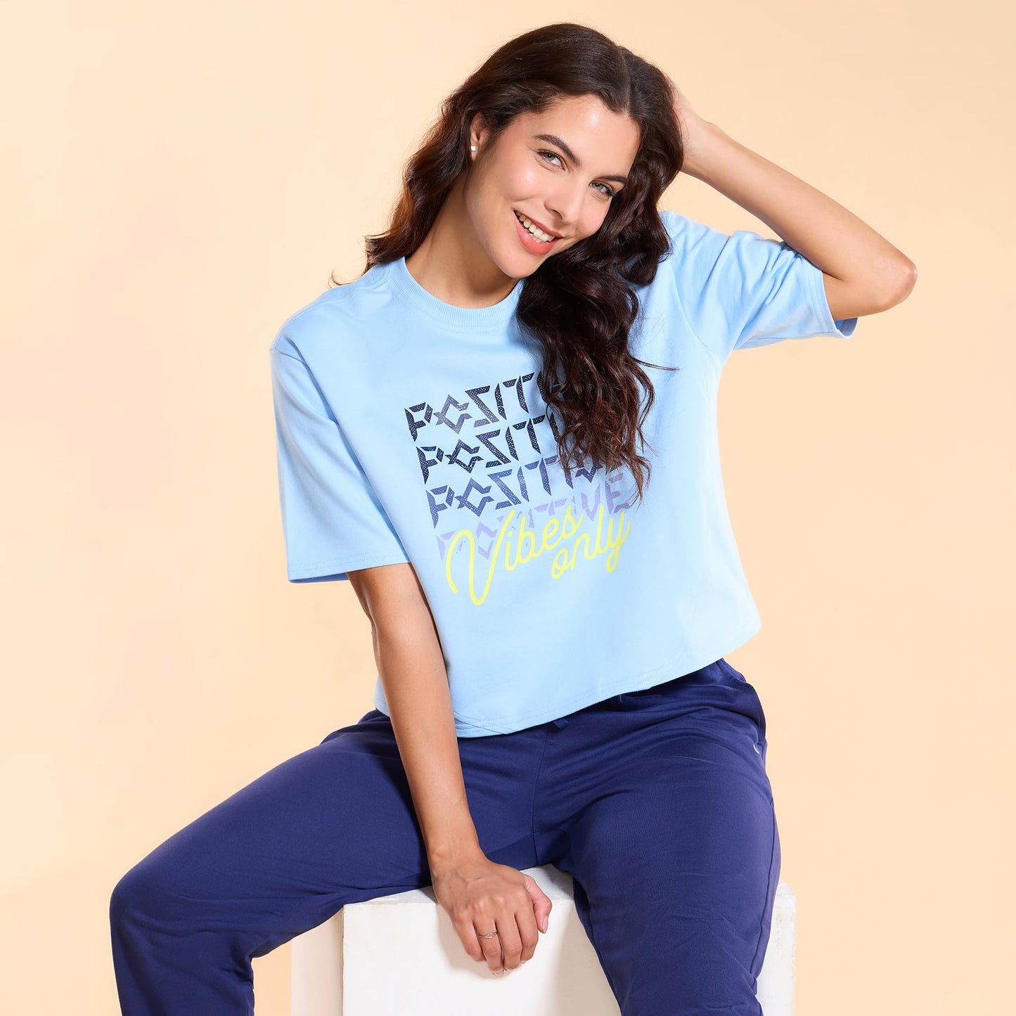 Enamor Women's Letter Print Oversized Fit T-Shirt (E3G4_Blue Bell Positive Vibes Graphic