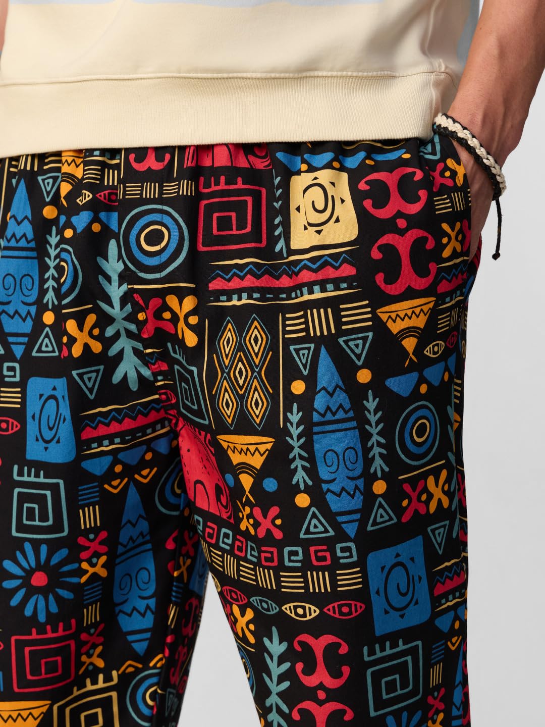The Souled Store Tribal Tales Men and Boys Drawstring Waist Black All-Over Print Cotton Relaxed Fit Lightweight Everyday Lounge Pyjamas