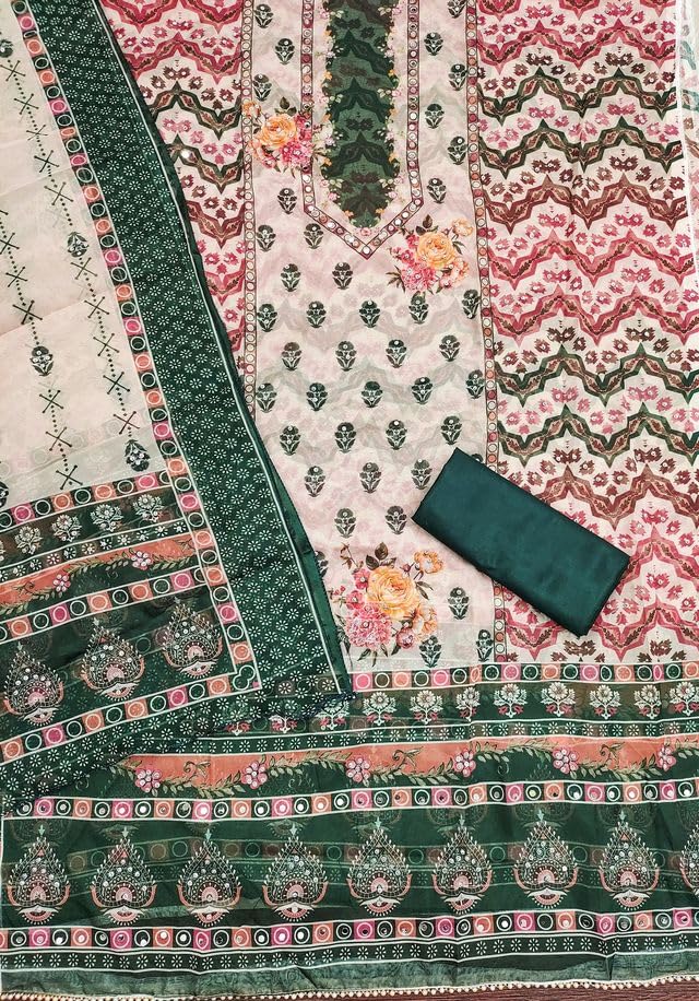 VARNI FABRICS Organza Dress Material for Women Multi Pattern Unstitched Woman Salwar Suit Dress Material With Organza Dupatta Green