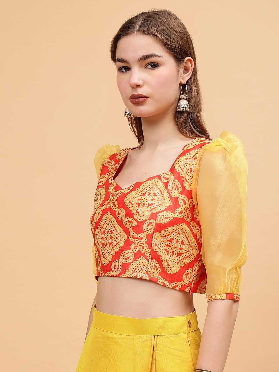 Frolic Rolic Orange & Yellow Bandhej Print Silk Blend 3/4th Organza Sleeves Sweetheart Neck Blouse ((FRBLS-016_Orange, Yellow_M)