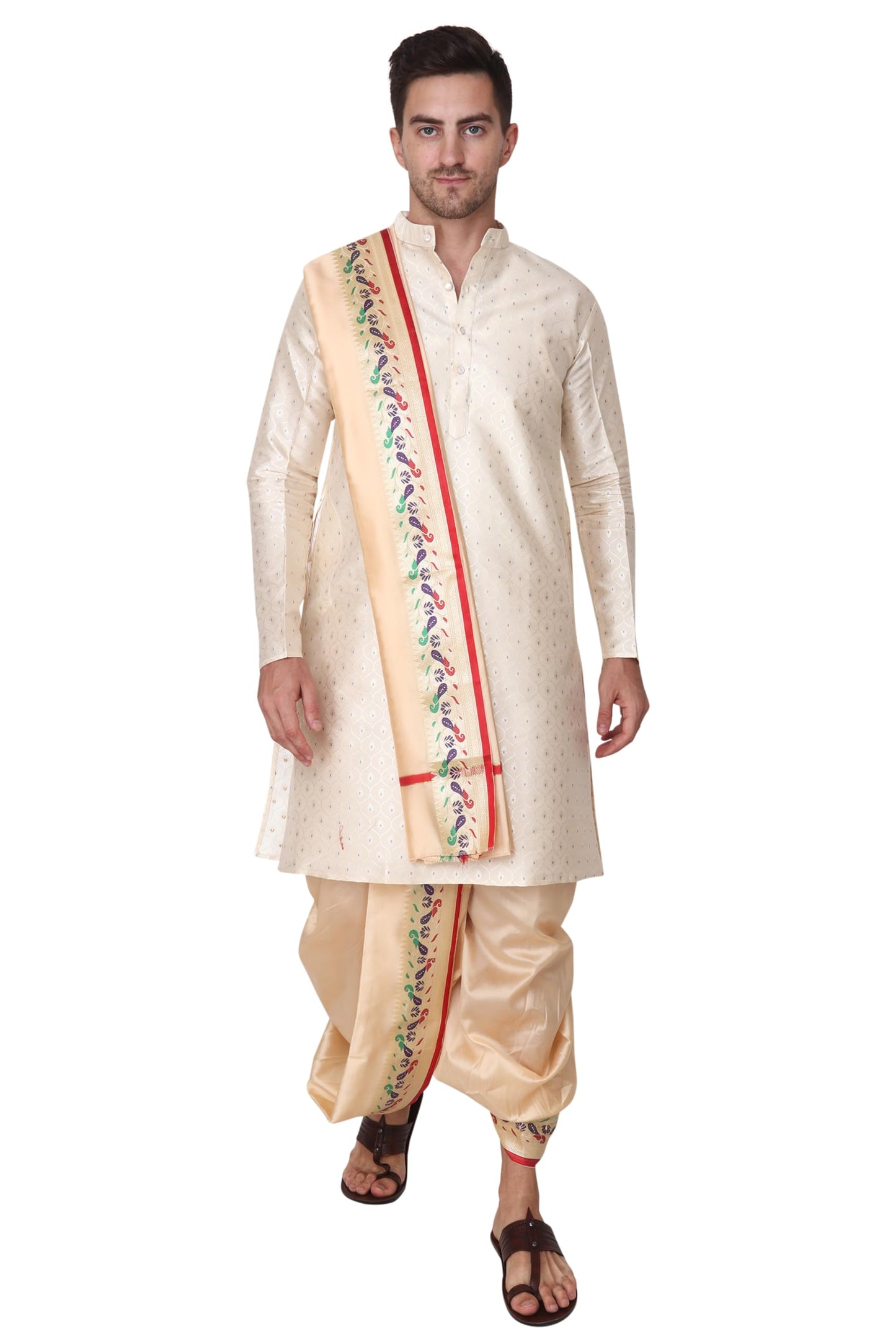 Rameshwaram Fabrics Men's Indian Traditional Wedding Dress, Readymade Dhoti with Sherwani Style Kurta - Stole (XL-Extra Large-42, Gold-Gold)