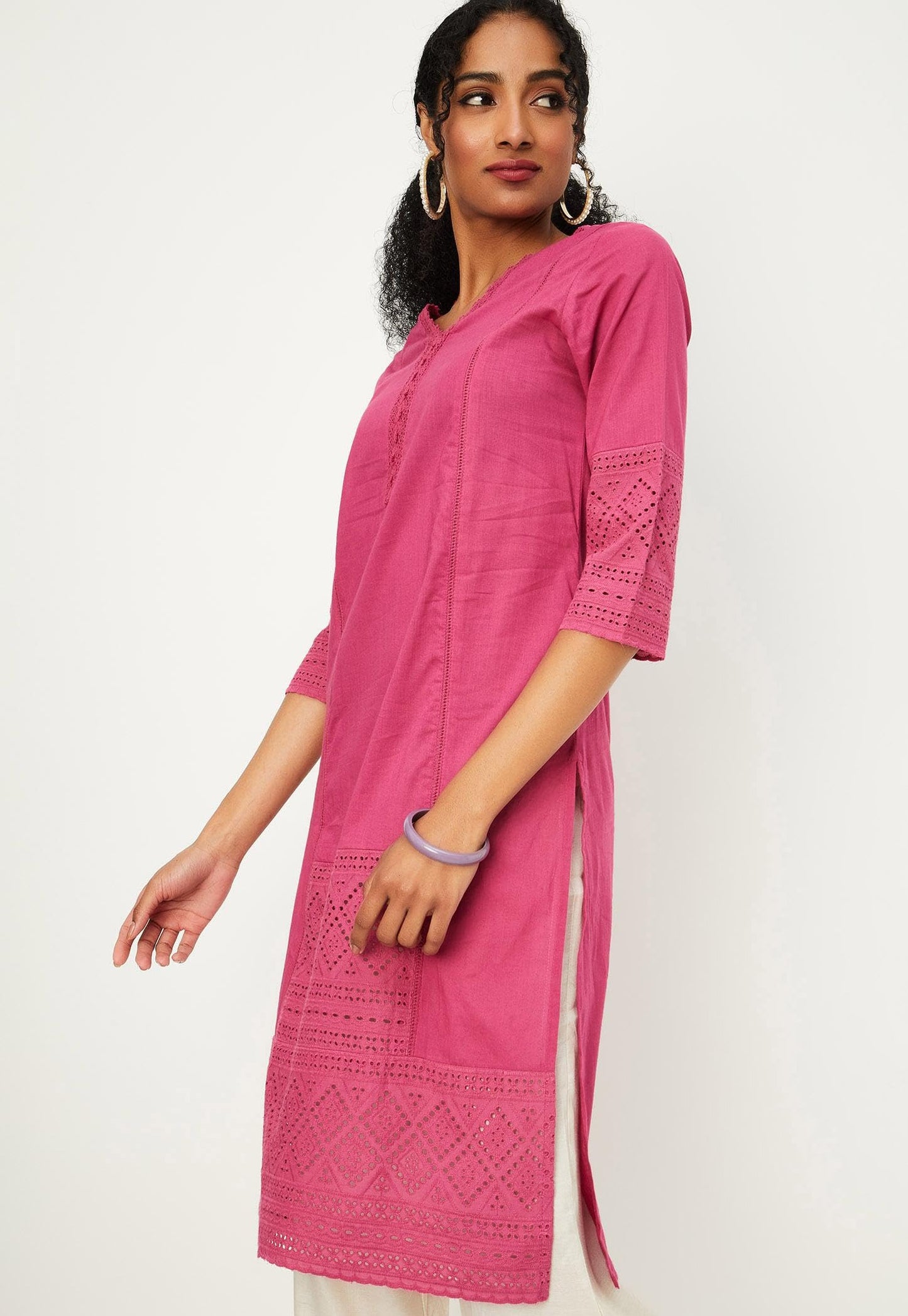 Max Cotton Women Schiffli Regular Fit Straight Kurta (WWNE41001PINK)_Large