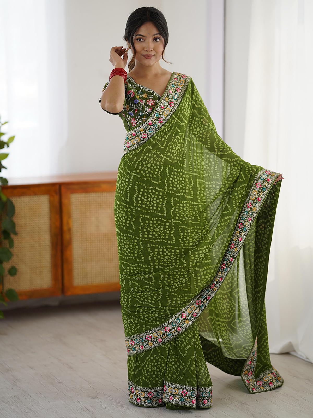 Satrani Women's Georgette Bandhani Printed Festive Saree with Unstitched Blouse Piece (4486S554N_Mehandi Green)