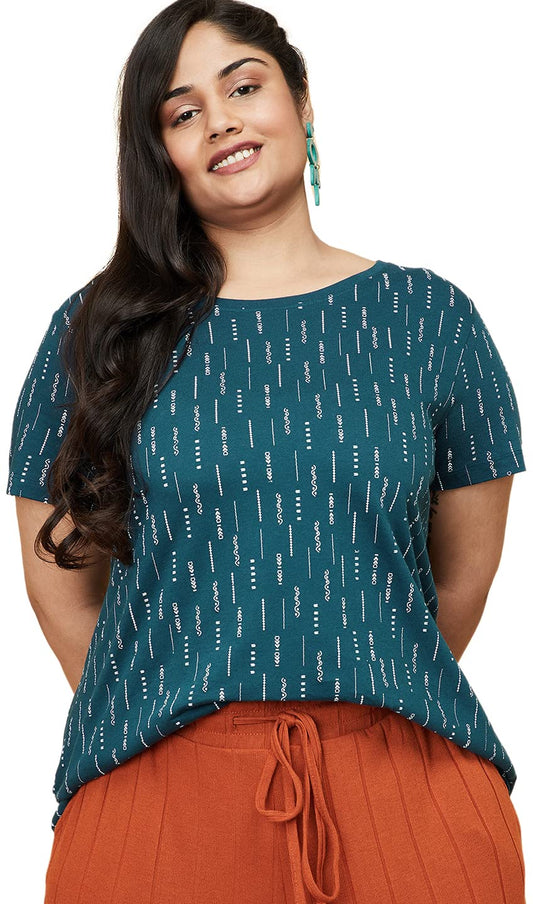 Max Women's Plus Size Pure Cotton Printed Regular Fit Round Neck Cotton T-Shirt (Tery2Bp_Teal)