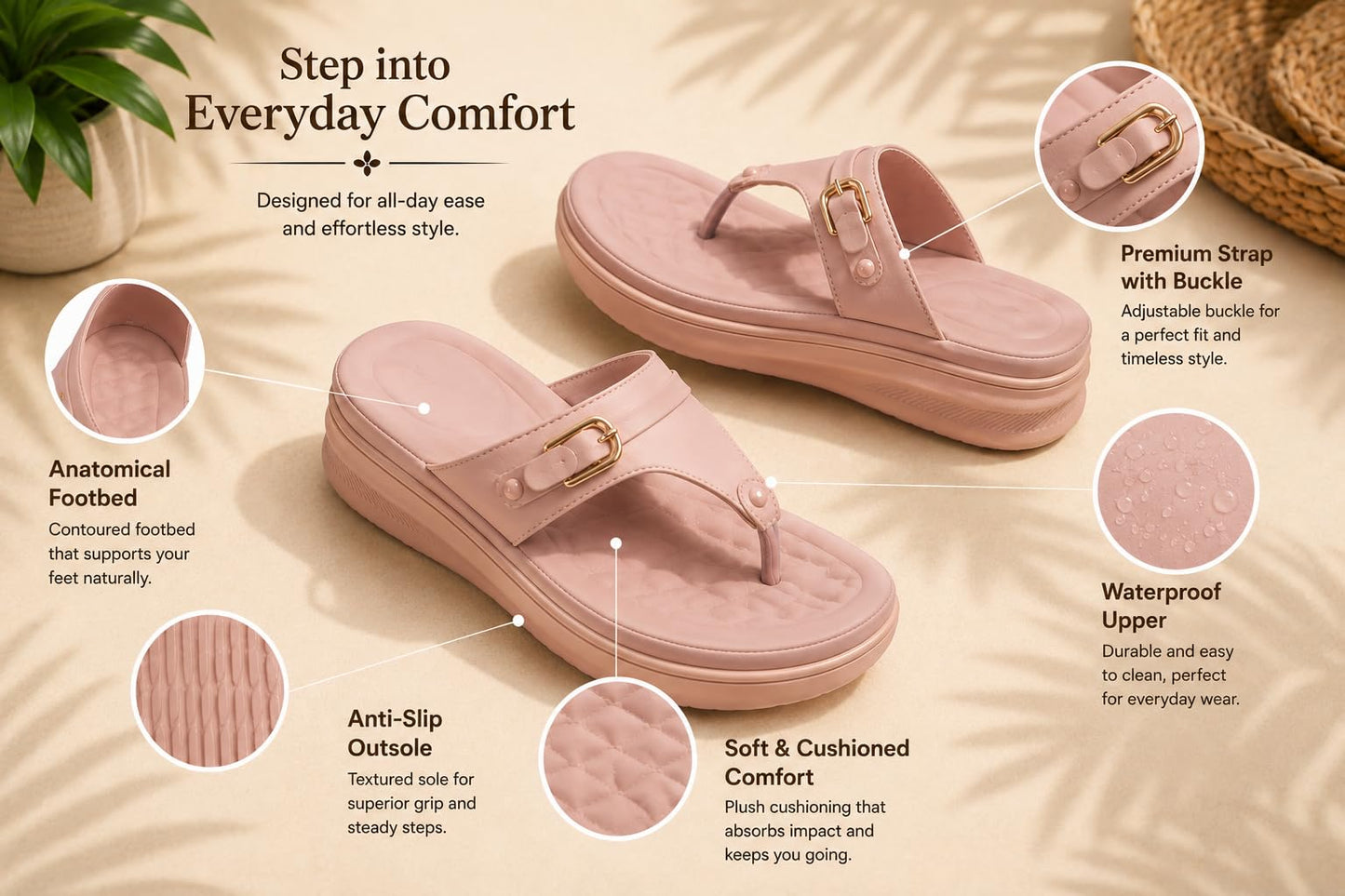 Carrito, Women Wedge Heels Thong Sandals| Comfortable Flats Sandals (Peach, UK Footwear Size System, Adult, Women, Numeric, Medium, 8)