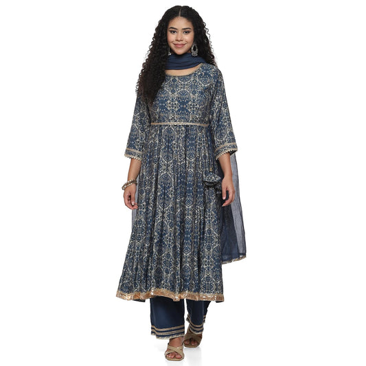 BIBA WOMEN PRINTED ANARKALI SALWAR KURTA DUPATTA(SKDASSORTED9080_BLUE_32)