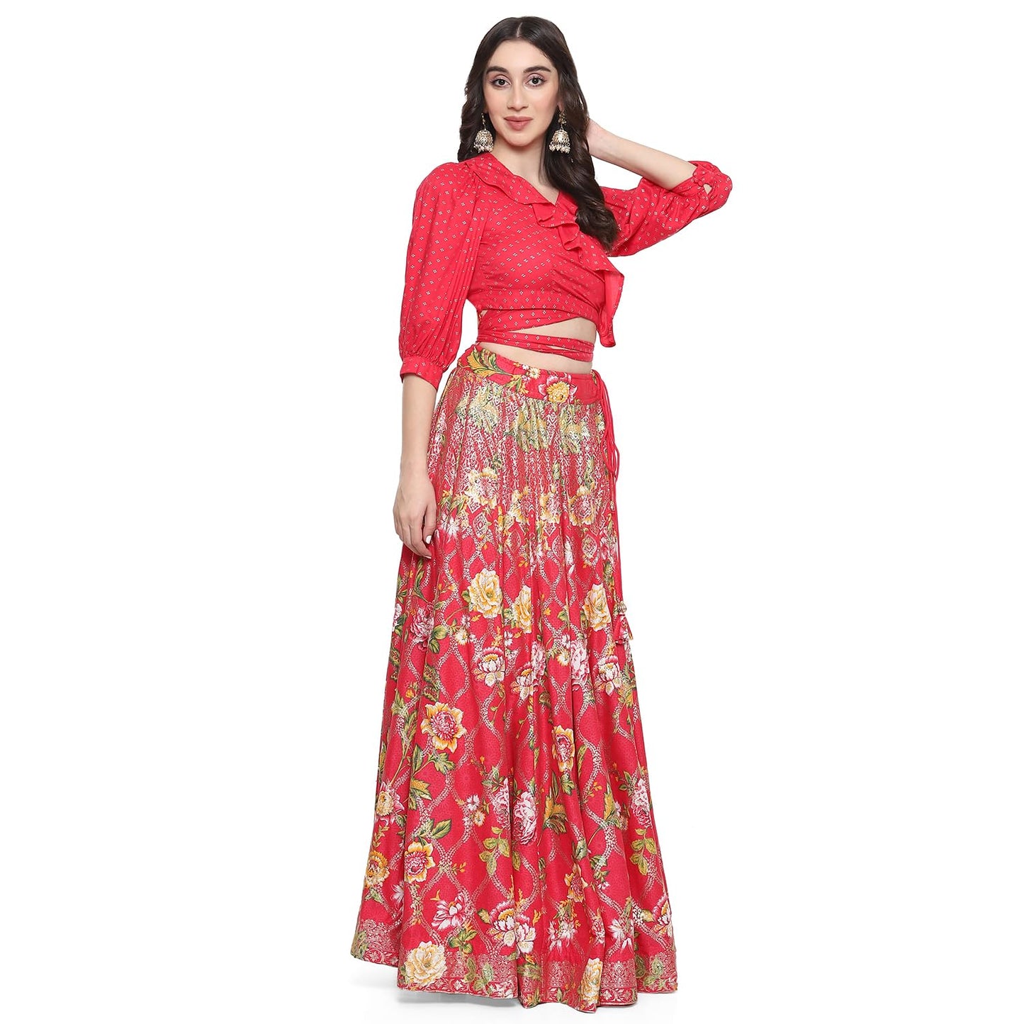 BIBA Women Rayon Printed Lehenga Set (SKIRTSE2113AW23FUS_Pink_L)