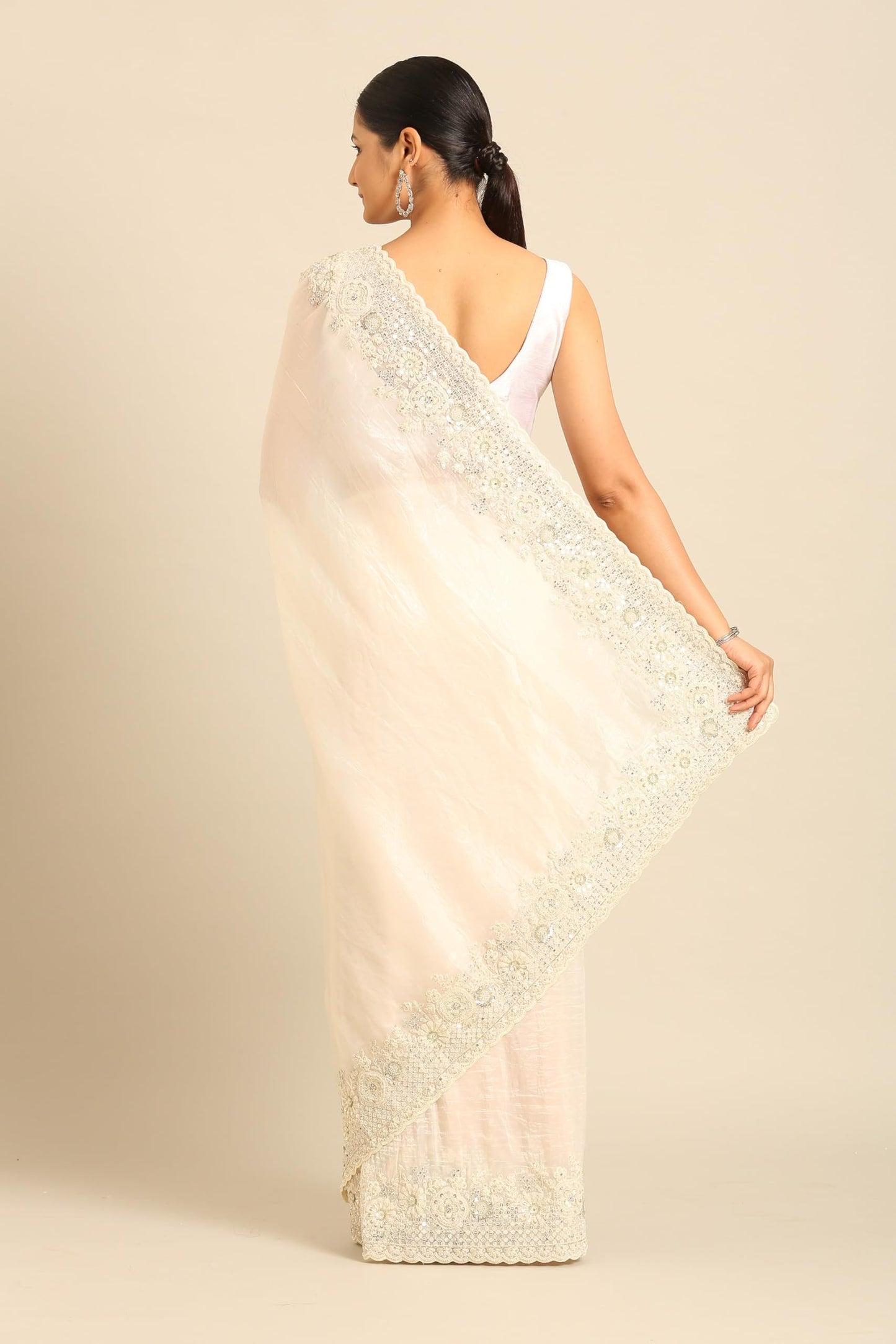 MOHEY Women's Cream Chiffon Hand Embroidered|Moti Work|Stone Work Saree