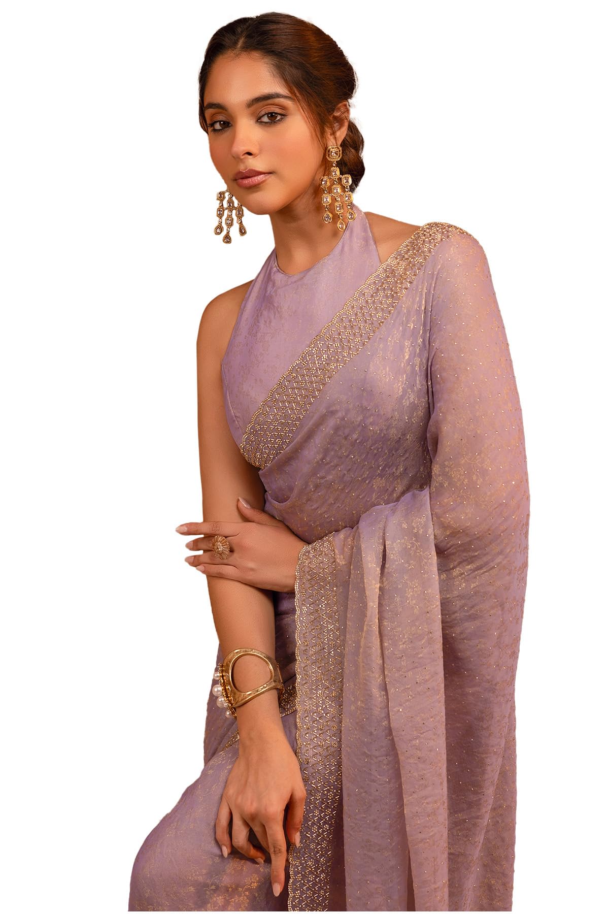 Soch Womens Light Lavender Georgette Floral Print Saree With Stone Work