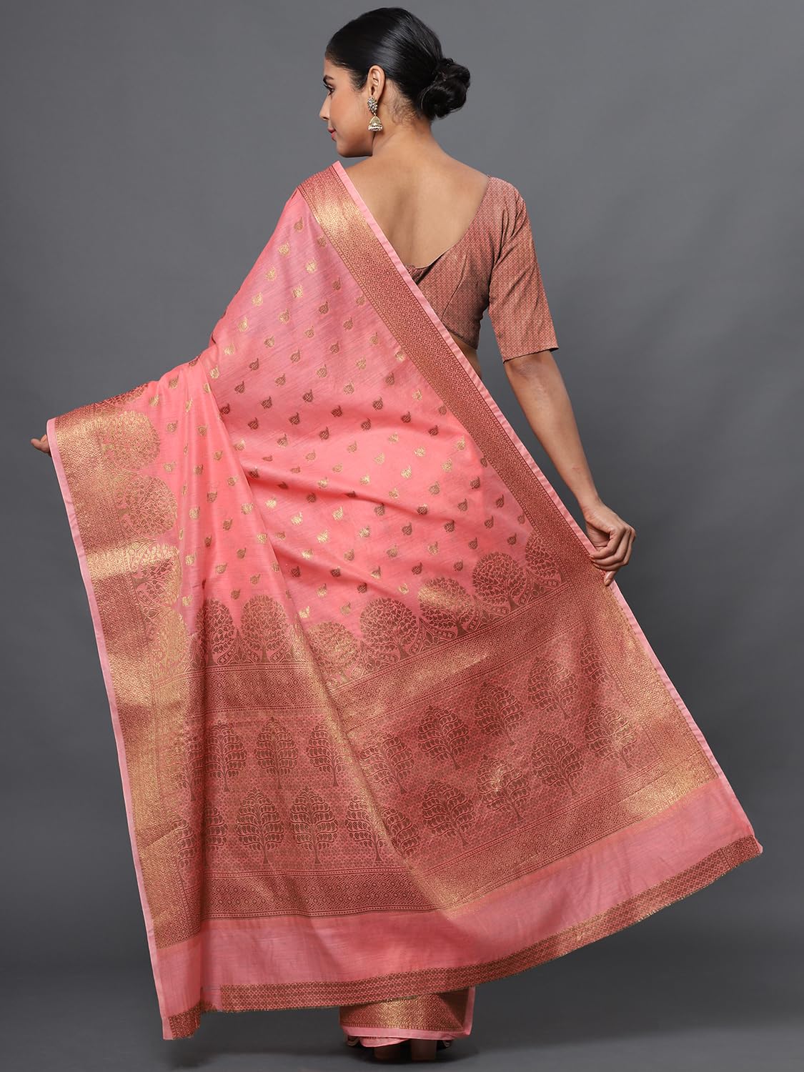 leeza store Women's Pink Cotton Silk Blend Golden Zari Tree Pattern Border Rich Pallu Banarasi Saree With Blouse Piece