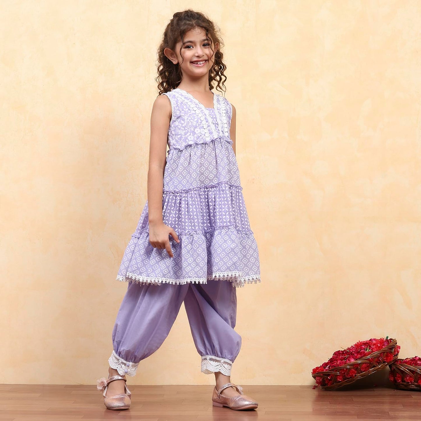 Biba Girl's Purple Cotton Tiered Printed Kurta Salwar Set