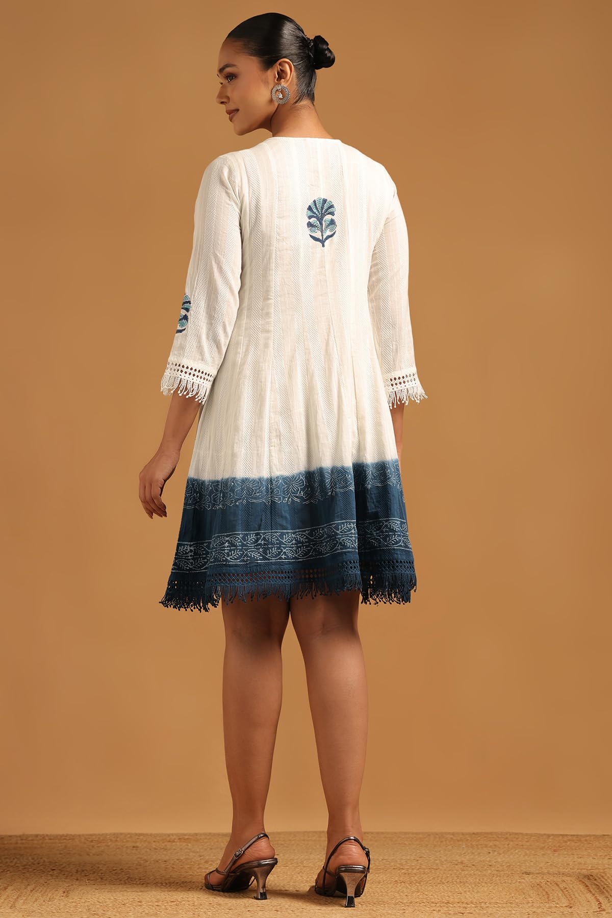 Soch Womens Off White Cotton Dobby Botanical Dress with Lace