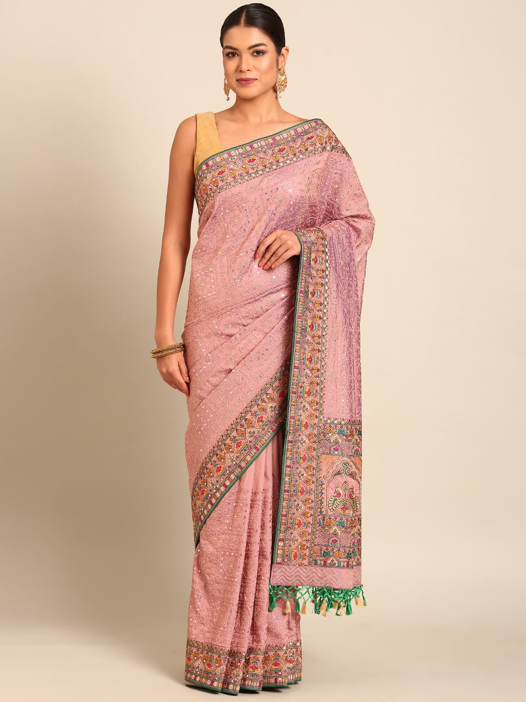 MOHEY Purple Art Silk Embroidery|Stone Work Saree for Women