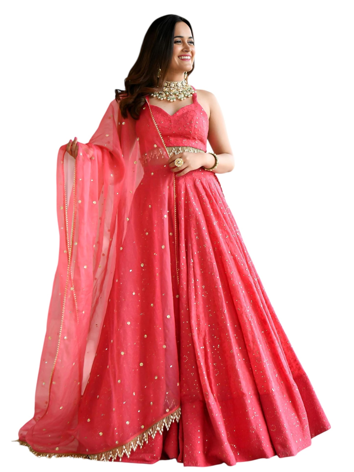 Zeel Clothing Women's Sequins Thread Embroidered Georgette New Lehenga Choli With Dupatta (7082-Pink-Wedding-Stylish-Latest; Free Size)