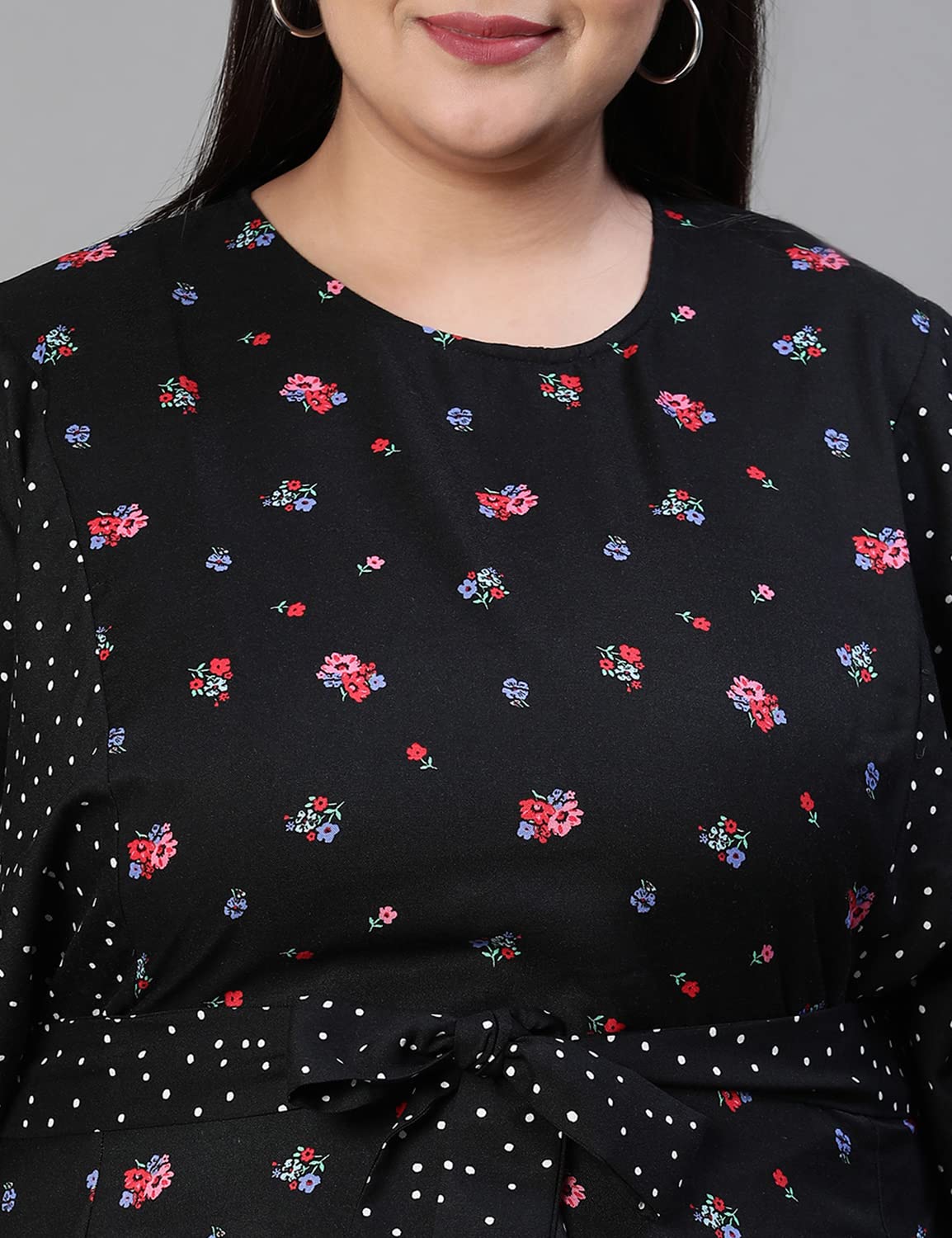 oxolloxo Women Plus Size Floral Print Tie-Knotted Round Neck Black Dress