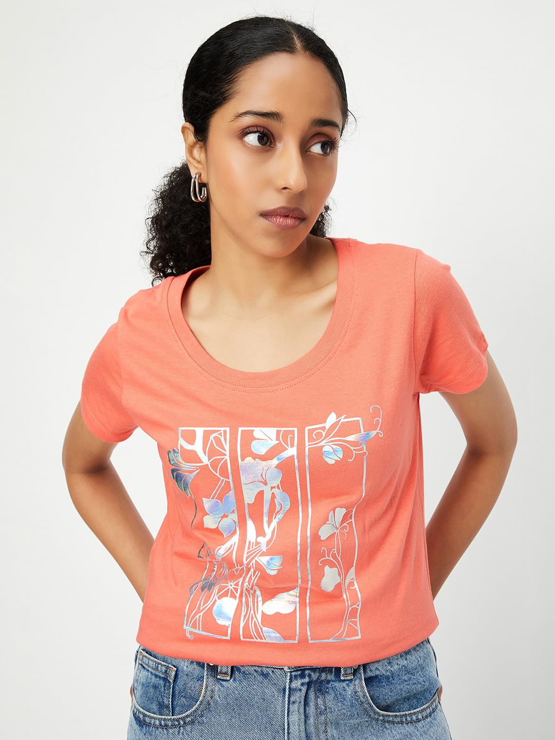 Max Women's Cotton Regular Fit Metallic Printed T-Shirt (Sp24Ccp05Orange)_M