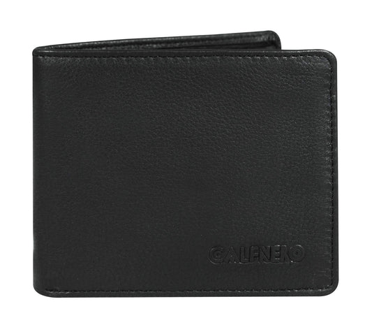 Men's Genuine Leather Bifold Wallet-Multiple Card Slots ID Window with Coin Pocket-Black Leather Wallet by Calfnero