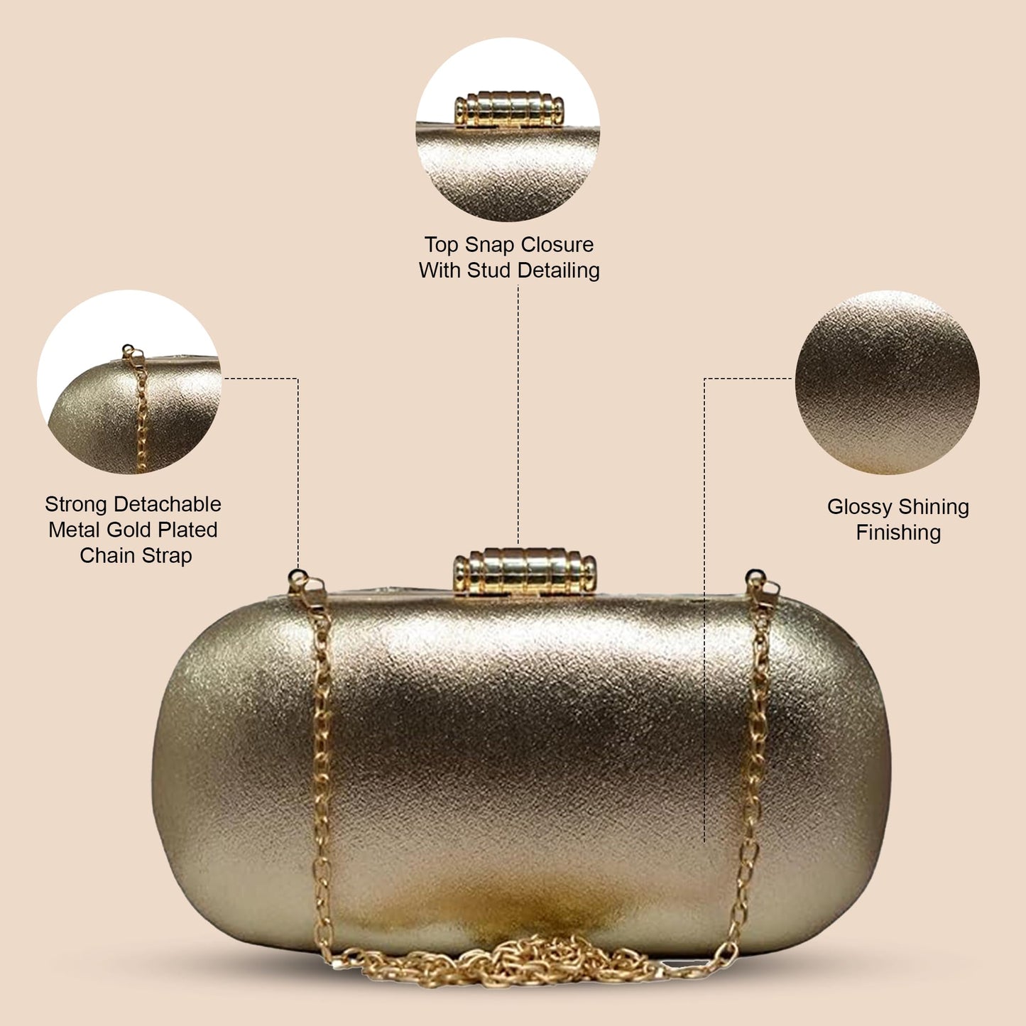 Artklim Golden Shimmery Party Clutch Bag For Women with Detachable Strap