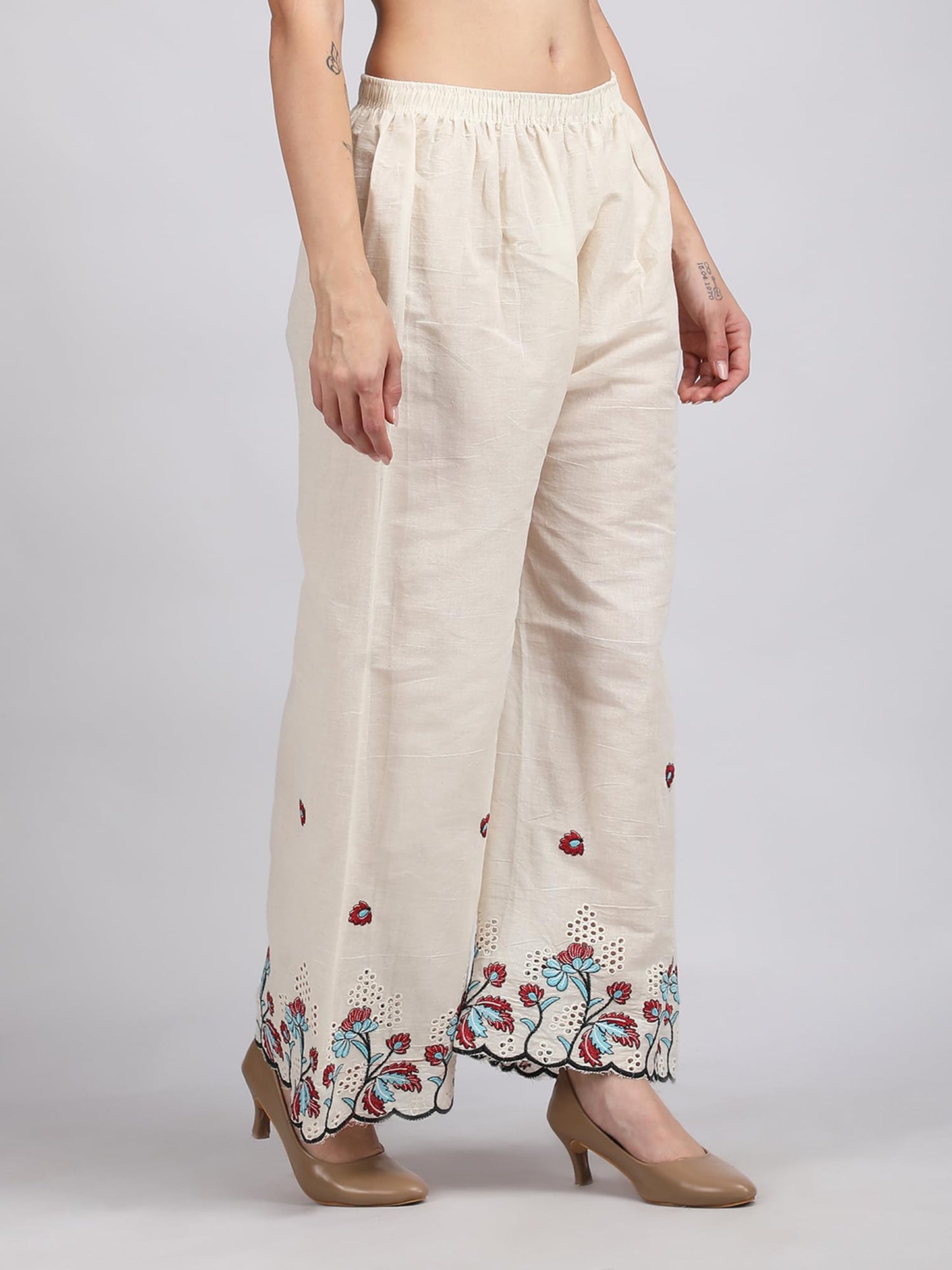 Georgio Martini - Ethnic Flower Design Hand Work Embroidery Wide Leg Linen Adjustable Chicken Smart Plazzo Pants with Drawstring