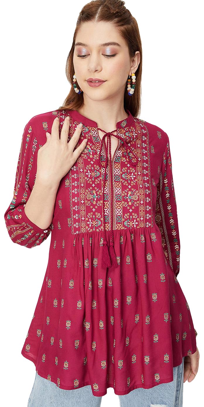Max Women Printed Tie-Up Neck Tunic (INDIE33006WINE)_XXL