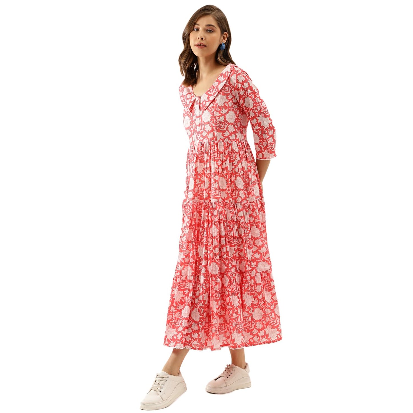 Divena Pink Floral Printed Cotton Ethnic Dress for Women