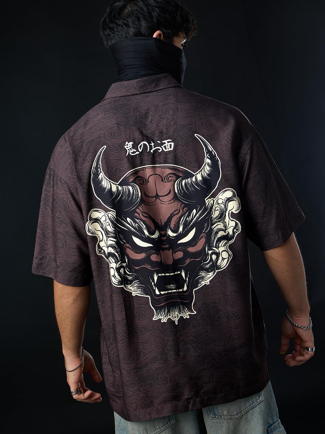 The Souled Store: The Last Shogun Men and Boys Short Sleeve Collared Neck Button Front Dark Brown Graphic Printed Rayon Oversized Shirts