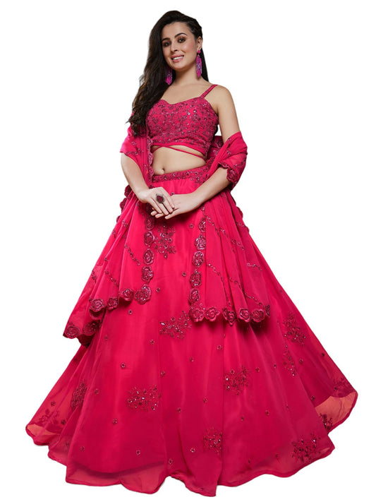 Zeel Clothing Women's Georgette Semi Stitched Lehenga Choli With Dupatta (7060-HotPink-Wedding-Bridal-Stylish-New; Free Size)