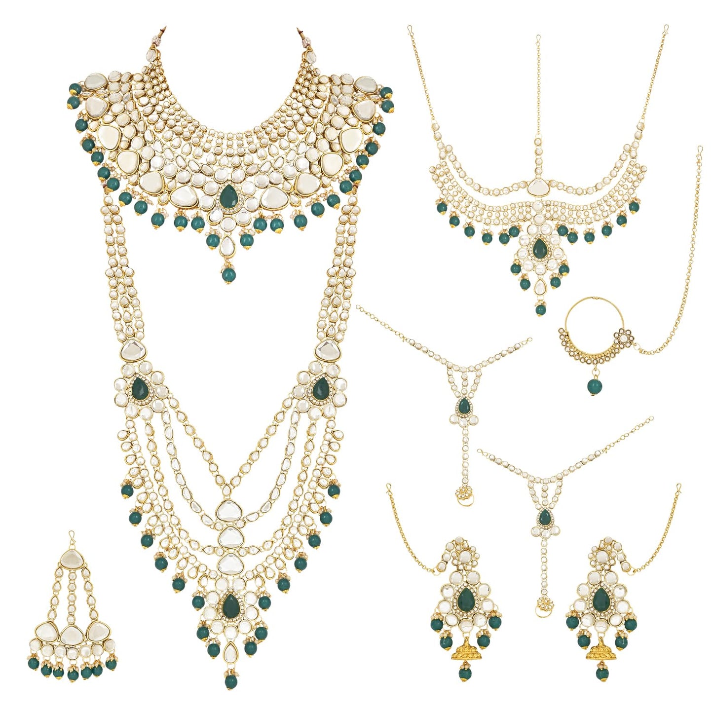 I Jewels Wedding Collection Traditional Ethnic Gold Plated Pearl & Kundan Stone Work Bridal Jewellery Set For Women (Green) (BLP036G)