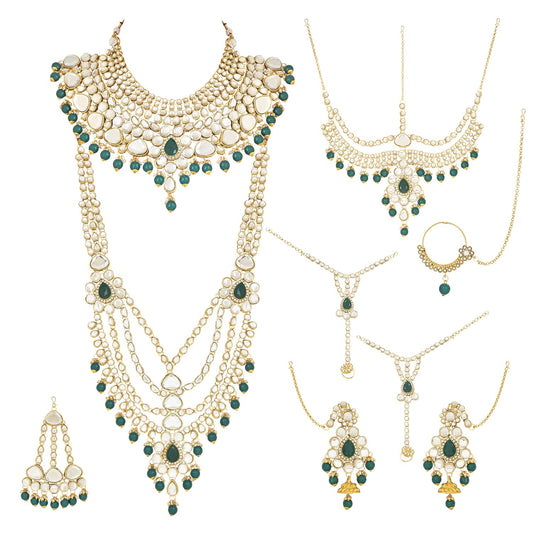 I Jewels Wedding Collection Traditional Ethnic Gold Plated Pearl & Kundan Stone Work Bridal Jewellery Set For Women (Green) (BLP036G)