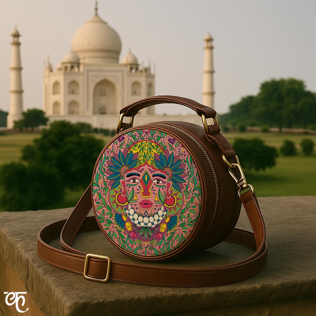 Kalankit Round Sling For Women | Girls Crossbody Bags | Side Bags With Adjustable Strap | Travel Box Sling Bags | Ancient Culture