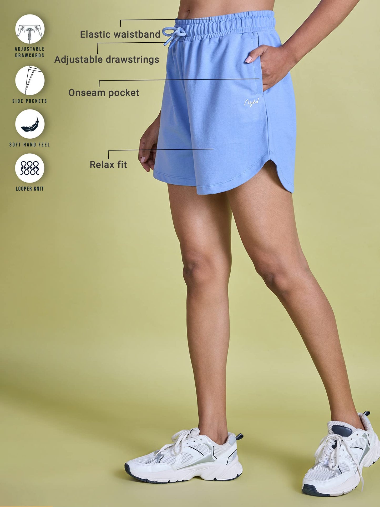 NYKD All Day Knitted Terry Shorts with Curved Hem with Elasticated Waistaband and Side Pockets Suitable for All Occasions Shorts, NYLE503, Light Blue, L, 1N