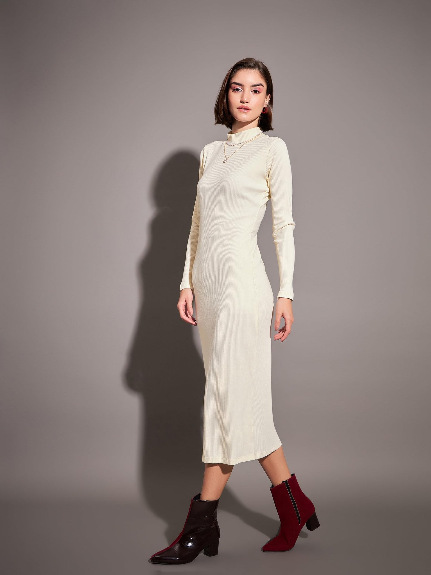 SASSAFRAS Women's Rib Midi Length Bodycon Dress (SFDRSS-V0004_Off-White_2XL)