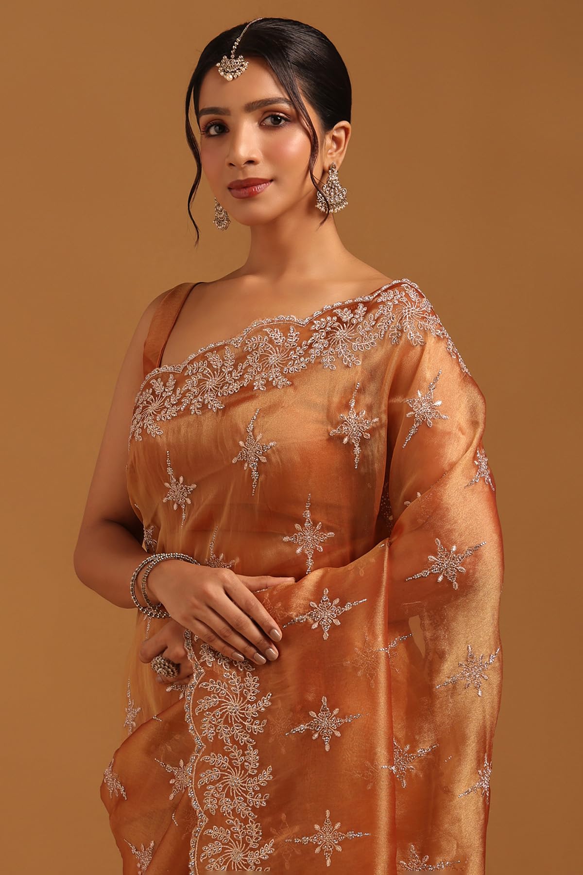 Soch Womens Peach Tissue Ethnic Motifs Saree With Stone Work