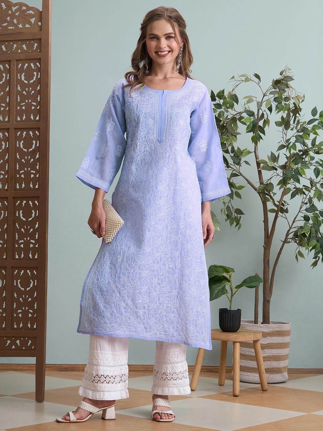 Ada Lucknowi Hand Embroidered Mauve Cotton Chikankari Kurta Kurti Tunic for Women A411790 (M)