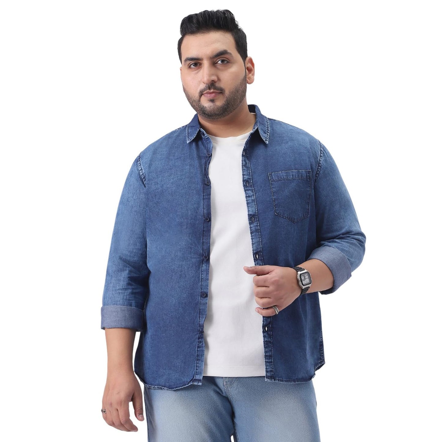 Urbano Plus Men's Blue Regular Fit Full Sleeve Washed Denim Shirt (plusshirtdentowlp-02-mblue-4xl)