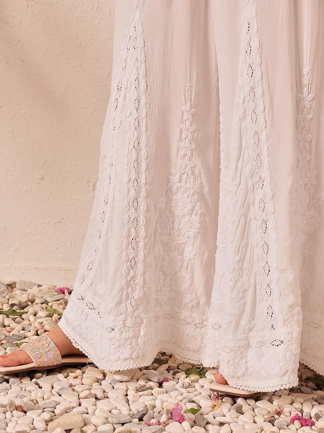 Ada Lucknowi Chikankari Hand Embroidered Modal Flared Palazzo for Women A711199 White