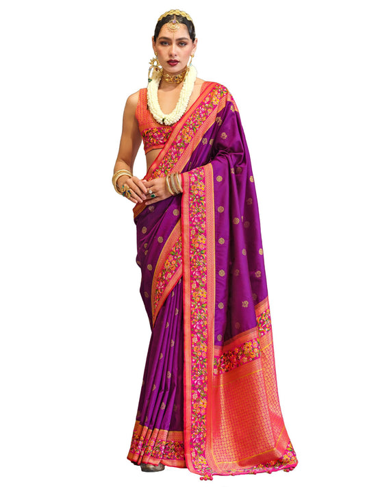 AKHILAM Women's Magenta Silk Blend Ethnic Motif Printed Saree With Unstitched Blouse (MAITRI454_RW)