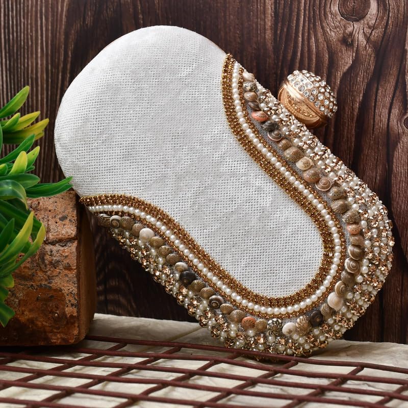 QHAN Elegant Beaded Clutch Purse for Women – Emroidered Bag with Gold Chain, Rhinestone Clasp & Stone Detailing (Cap Pebble White)