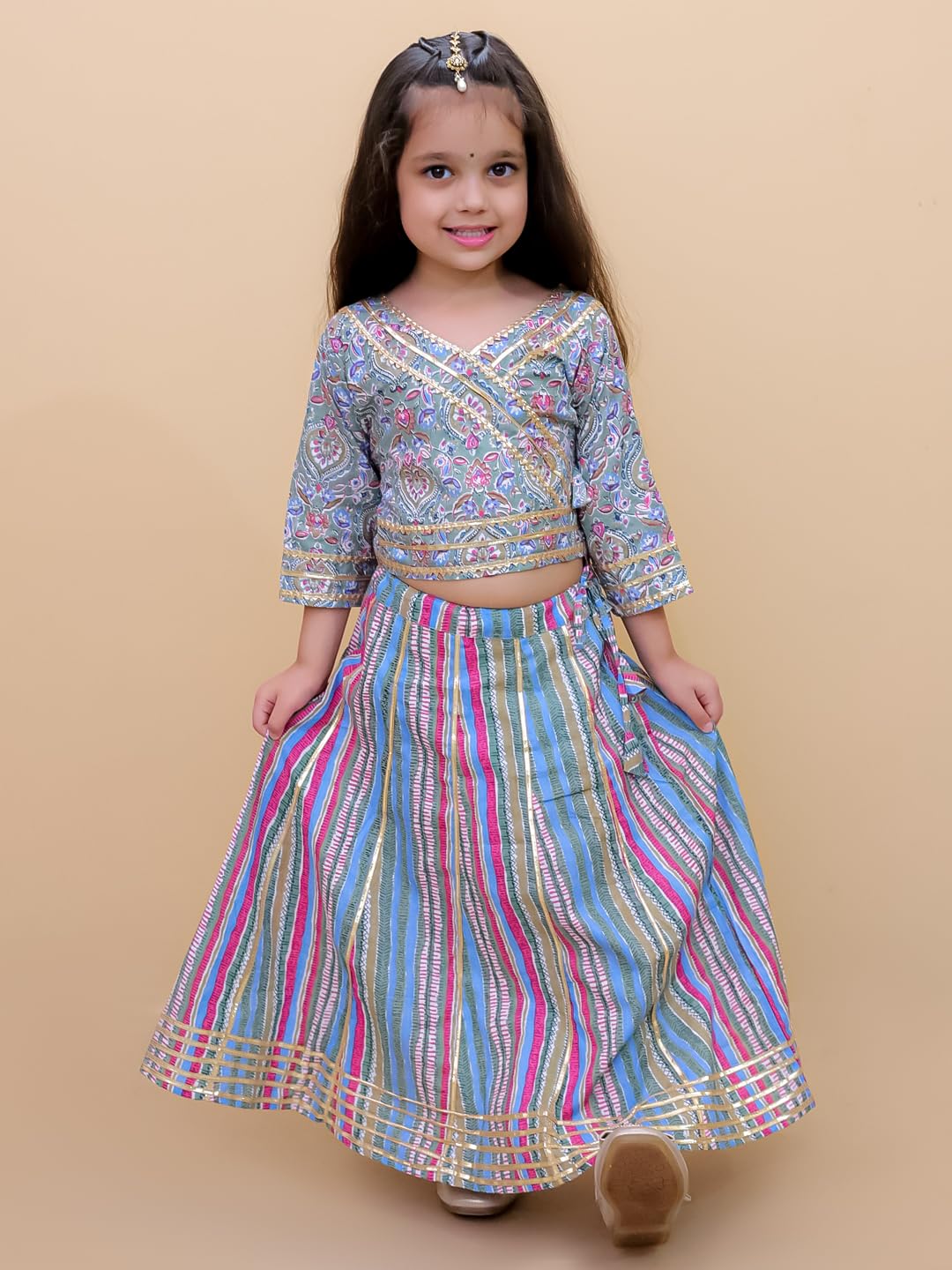 The Mom Store Girls Kurta Lehenga Set Ethnic Wear | Printed | Stylish Kids/baby Kurta for Festivals & Occasions | Cotton | Multicolor Muskaan| 0-6M